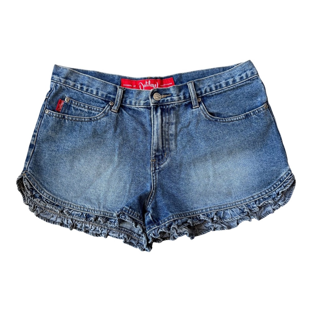 Y2K Outlaw Jeans WANTED Zipper Ruffle Hem Denim Micro Shorts‎ Sz 11 Juniors